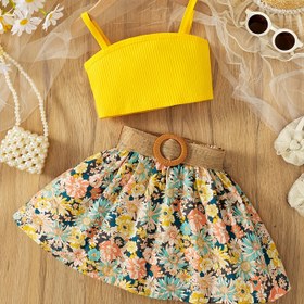 Resim Soğuk Pinafore Üst ve Etek Takımı, Dijital Baskılı, Zarif Omuz Açık Stil, Polyester, Çiçek Desenli, Kısa Boy, Vücuda Oturan Kesim, Gençler İçin Şık Kemerli, Yaz Tatili Görünümü 