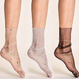 Resim 3 Çift Yazlık Şeffaf Balık Ağı Çoraplar ve Glitter Yıldızlı Diz Üstü Çoraplar 