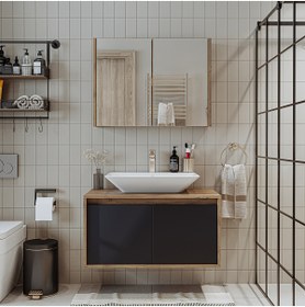 Resim ROOMART Tm7.2 Ahşap-antrasit Mdf 85 Cm Banyo Dolabı + Aynalı Banyo Üst Dolabı 