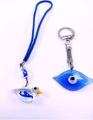 Resim Ennea Art Göz Nazar Boncuğu Anahtarlık + Kuş Araba Dikiz Ayna Süsü El Yapımı Cam Hediyelik Set 