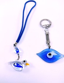 Resim Ennea Art Göz Nazar Boncuğu Anahtarlık + Kuş Araba Dikiz Ayna Süsü El Yapımı Cam Hediyelik Set 