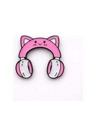 Resim Kedi Kulaklı Kulaklık Tasarımlı Metal Rozet Pembe Figürlü Çanta Aksesuarı Pin Gri 