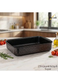 Resim 2li Granit Köşeli Tepsi Seti - Siyah Siyah 