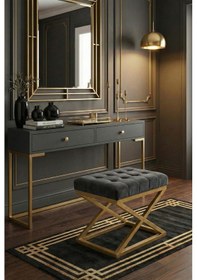 Resim Nexus Babyface Kapitoneli Puf - Gold Metal X Ayaklı Modern Bench 50x40 Cm Antrasit 