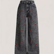 Resim Kızlar için Kot Pantolon - Kızlar için Yan Cep Detaylı Siyah Kot Pantolon, Kiraz Nakış Tasarımı, Şık ve Sevimli, 5-15 Yaş Aralığındaki Çocuklar İçin Uygun. 