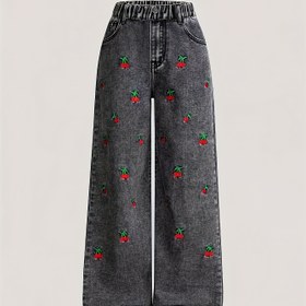 Resim Kızlar için Kot Pantolon - Kızlar için Yan Cep Detaylı Siyah Kot Pantolon, Kiraz Nakış Tasarımı, Şık ve Sevimli, 5-15 Yaş Aralığındaki Çocuklar İçin Uygun. 