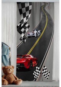 Resim Kırmızı Yarış Arabası Çift Kanatlı Çocuk Odası Fon Perde 