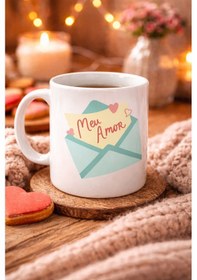 Resim Meu Amor Tasarımlı Porselen Kupa Model 11 - Romantik Kalp Desenli Sevgili Kupası - Özel Tasarım Kahve &amp Çay Kupası Renkli 