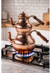 Resim Dmt Copper Home Bakır Küçük Boy 3 Kişilik Çaydanlık El Dövmesi Gaziantep Üretimi, Alt 900 Ml Üst 500 Ml Bakır 