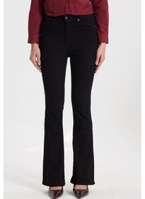 Resim Tudors Kadın Regular Fit Klasik Kesim Pamuklu Likralı İspanyol Paça Siyah Jean Kot Pantolon-50789 
