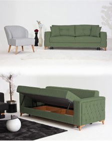 Resim Velura Home & Living Nola Koltuk Takımı 3+1 & Bazalı Yataklı Koltuk & Kanepe - Keten 