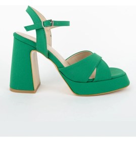 Resim Modabuymus Sahra Yeşil Saten Çapraz Bantlı Kalın Platform Topuklu Ayakkabı 