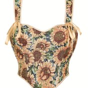 Resim Çiçek Desenli Korse Üstü Ayarlanabilir Askılar ile - Vintage Tarzı Kadınlar İçin Bustier, Klasik Stil, Polyester Kumaş, Bağcıklı Detay, Günlük veya Özel Durumlar için Şık Tasarım 