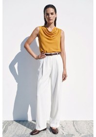 Resim Sateen Degaje Yaka Kolsuz Bluz - Hardal-137384 
