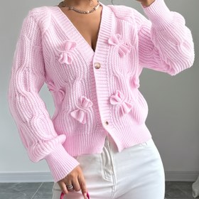 Resim Kadın Şık 3D Fiyonklu Hırka - Yumuşak Pembe Uzun Kollu Açık Ön Kazak, Fiyonk Detaylı, Sonbahar/Kış için Şık Katmanlı Giyim, Ofis, Parti, Günlük Kombinler - Kadın Moda Kazak, Sevimli Kazaklar, Kışlık Giyim, Tarz Veren Triko 