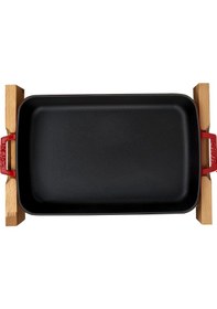 Resim Lava Döküm Dikdörtgen Rosto ve Fırın Tepsisi Kayın Servis Ahşabı Döküm Demir Yekpare Çift Kulplu Ölçü 22x30cm. - Kırmızı 