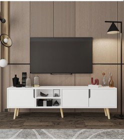 Resim Latina Ahşap Ayaklı Tv Ünitesi Tv Sehpası 180 Cm Beyaz Beyaz 