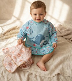 Resim melonika TinyJoy Su Geçirmez Uzun Kollu Mama Önlüğü Seti 6-24 Ay - 2'li Paket Ayıcık ve Balina Desenli Leke T 