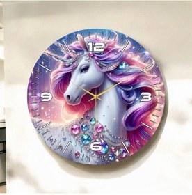 Resim Renkli Baskı At Çocuk Desenli Sayılı Hediyelik Ahşap Sessiz Duvar Saati 50cm ÇOk Renkli 