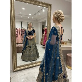 Resim Aashiv's Collection Gelinlik Hint Lehenga Choli Takımı Mavi Işlemeli 