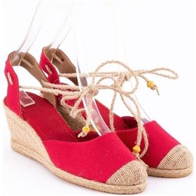 Resim Gerçek Elişi Bilekten Bağcıklı Topuğu Açık Dolgu Topuk Kırmızı Keten Hasır Espadril Handmade Kırmızı 