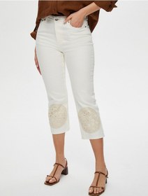 Resim Faik Sönmez Paçası Kroşe Patch Detaylı Straight Fit Jean Caprı S25jcp006 Us25jcp00673 Ekru 