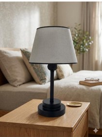 Resim İki Kat Tabanlı Siyah Statik Boyalı Abajur Krem Rengi Şapkalı Açık Krem 