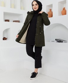 Resim Kmk Kombin Kadın İçi Yünlü Kanvars Haki Keten Mont Haki 