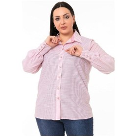 Resim Büyük Beden Katlamalı Kollu Geniş Manşetli Pembe Çizgili Gömlek 