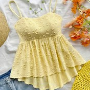 Resim Kadınların Seksi Omuzları Açık Ruffled Tank Üstü - Düz Renk Sarı, Yazlık Rahat Giyim, Polyester Kumaş, Makine Yıkanabilir, Şık ve Rahat 