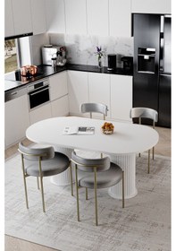 Resim Avvio Eliza Beyaz Ptt Ayak 80x160 Yemek Masası Mutfak Masası Masa Sandalye Takımı Kadife Kumaş Beyaz 