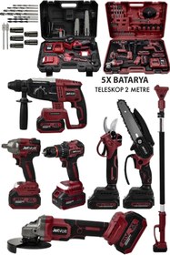 Resim JetVolt Premium Profesyonel 21v 2.0ah 2 Çantalı 5 Bataryalı Kömürsüz Darbeli Teleskop Kollu 7li Set 