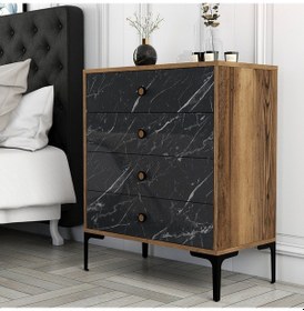 Resim Lizbon 4 Çekmece Şifonyer - Ceviz - Siyah Mermer 