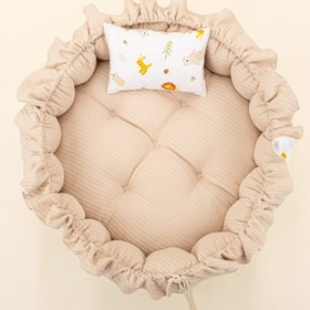 Resim Yuvarlak Babynest ve Yastık - Çift Taraflı - Sütlü Kahve Örgü - Aslan 