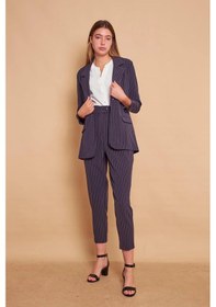 Resim Ekoseli Yakalı Kolu Katlamalı Cep Kapaklı Boyfriend Hafif Likralı Kumaş Blazer Ceket-lacivert Çizgi Lacivert Ç. 