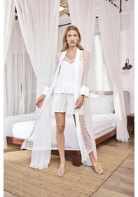 Resim Aria's Closet Arias Closet Uzun Kollu Dantelli Ve Kuşaklı Sabahlık Beyaz 
