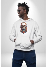 Resim Müzik Kulaklık Takan Kurukafa Kırmızı Gül Kadın Erkek Beyaz Kapüşonlu Sweatshirt Hoodie Beyaz 