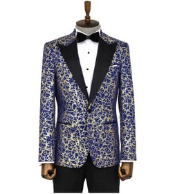 Resim Wessi Kök Desenli Sivri Yaka Koyu Mavi Erkek Smokin Ceket Koyu Mavi 