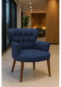 Resim Azra Mobilya Lacivert Keten Kumaş Tekli Koltuk Berjer - Cafe Koltuğu - Bekleme Koltuğu - Ceviz Ayak Lacivert 
