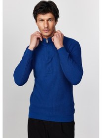 Resim Tudors Slim Fit Dar Kesim Dik Yaka Fermuarlı Desenli Saks Mavi Erkek Triko Kazak-28922 Saks 