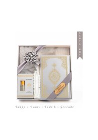 Resim Takke + Esans + Tesbih + Seccade + Kuran Hediye Seti Çanta Boy, Gri 