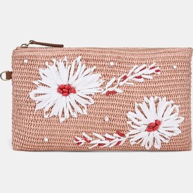 Resim Desa Kadın Somon Çiçek Motifli Boncuklu Hasır Clutch 