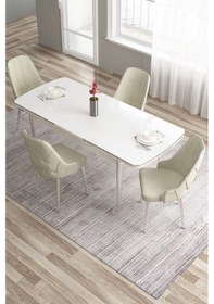 Resim Canisa Tia Serisi 80x132 Açılabilir Mdf Krom Detay Beyaz Masa Takımı Ve 4 Krem Sandalye Masa Beyaz Sandalye Krem 