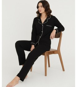 Resim Luxury Viscose Siyah Beyaz Biyeli Kadın Uzun Kollu Pijama Takımı 42586 Siyah 