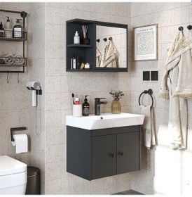 Resim Lavabolu Mat Suntalam 60 Cm Banyo Dolabı, Aynalı Üst Dlp Antrasit 