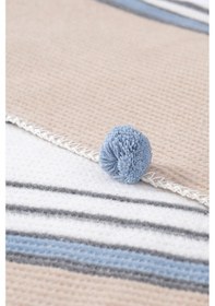 Resim Aksu Ponpon Pamuklu Çift Kişilik Battaniye - Mavi 