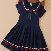 Resim KUYEEBEAR Kızlar için Preppy Stil Okul Üniforması Elbise - Rahat A-Line Mini, Kurdele Detayı, Pileli Hem, Kısa Kollu Yazlık Kıyafet Gençler İçin, Beyaz Mavi Detaylı, Bol Kesim, Kısa Uzunluk, Yazlık Rahat Giyim | Preppy A-Line Elbise | Pamuk Karışımı Kumaş 