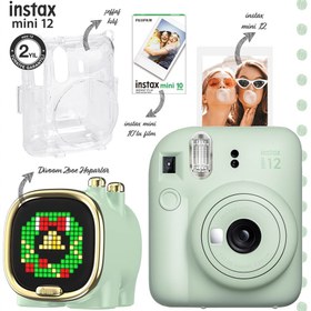 Resim Instax mini 12 Yeşil Fotoğraf Makinesi-10'lu Film-Şeffaf Kılıf ve Divoom Zooe Led Ekranlı Bluetooth Hoparlör Seti 