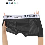 Resim 1 adet Erkek Nefes Alabilir Fileli Boxer Külot, Polyester %93 Spandex %7 Streç İç Çamaşırı, Zıt Renkli File Detaylı Rahat Alfabe Baskısı, Gök Mavisi Siyah Koyu Gri Seçenekleri, 125gsm Örme Kumaş 