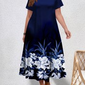 Resim Şık Büyük Beden Kadınlar için Çiçek Desenli V Yaka Kısa Kollu Maxi Elbise - Mavi ile Beyaz Çiçek Desenleri, Esnek Polyester Karışımı, Bacak Uzunluğu için İlkbahar/Yaz, Rahat Şık | V Yaka Elbise | Parlak Dokulu 